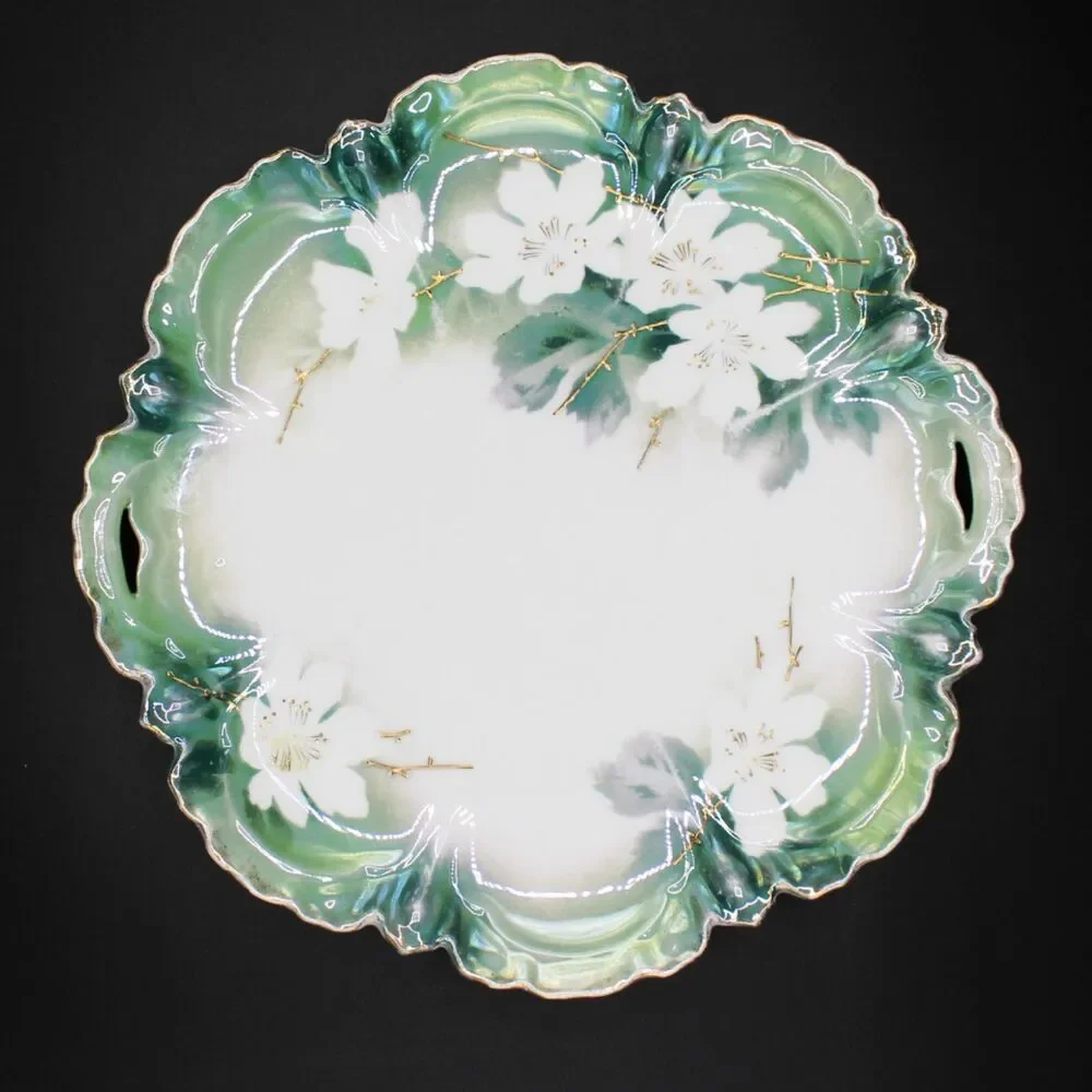 Antique RS Prussian Cake Plate Porcelain Iridescent Green Floral Open Handles